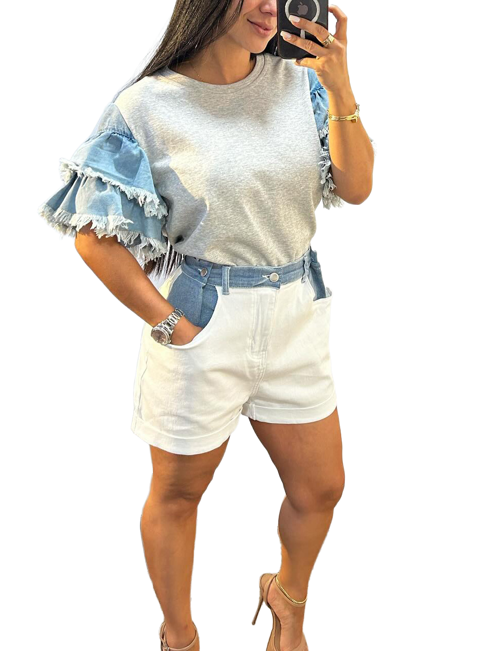 Denim Ruffle Sleeve Patchwork Knitted T-Shirt