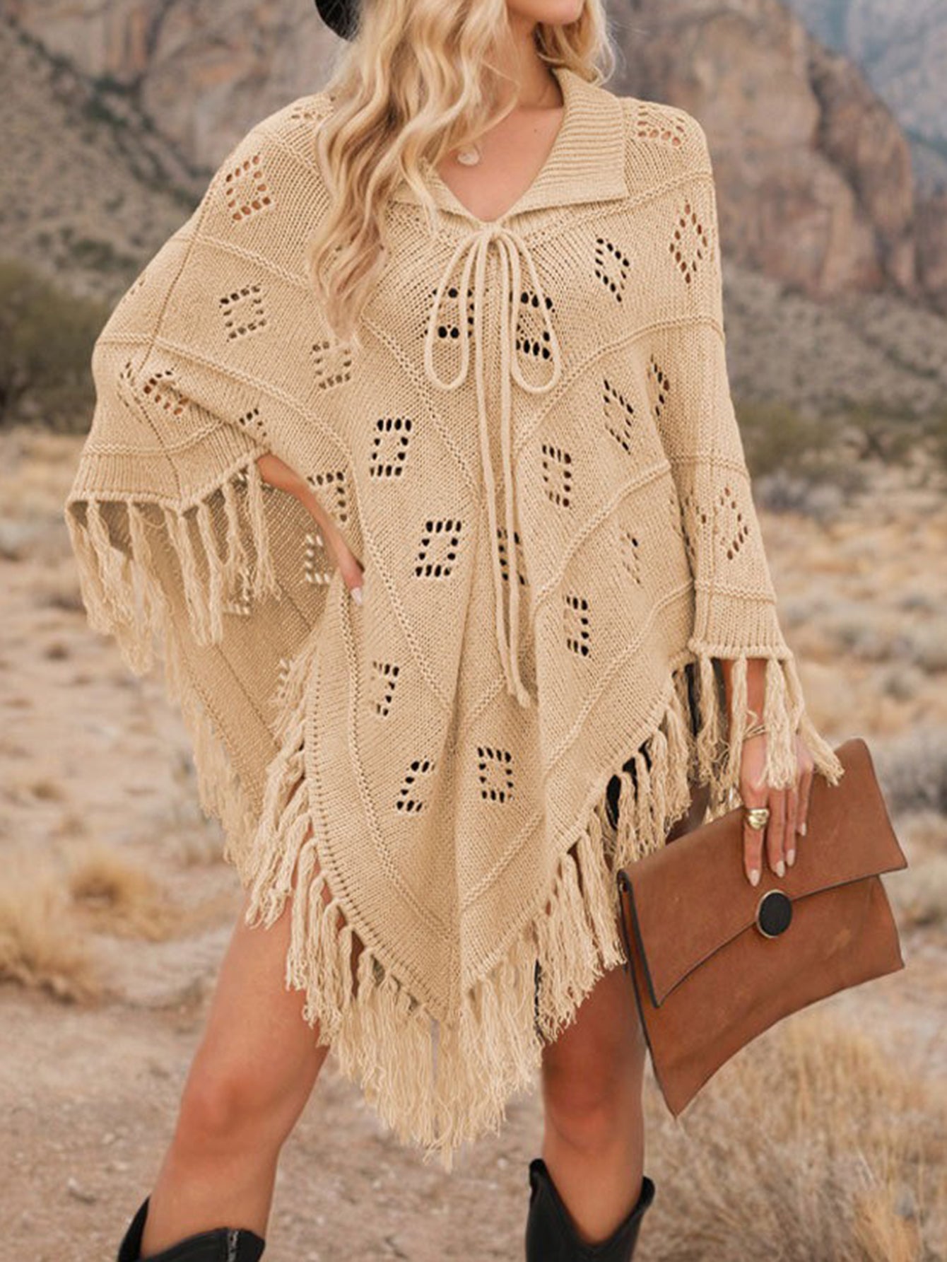 Irregular Fringed Hem Cape Sweater