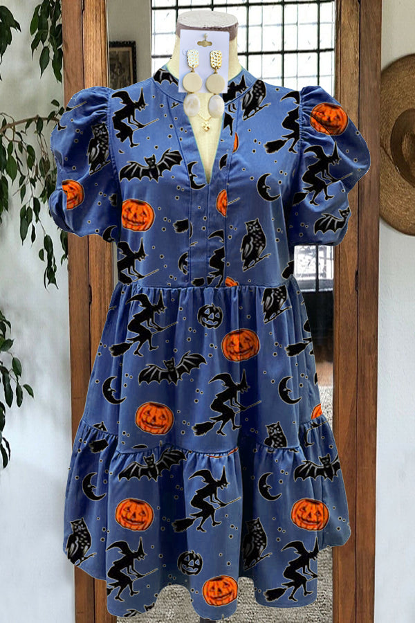 Elegant Puff Sleeve Pumpkin Print Midi Dress