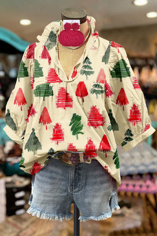 Elegant Color Blocking Christmas Tree Print Puff Sleeve Top