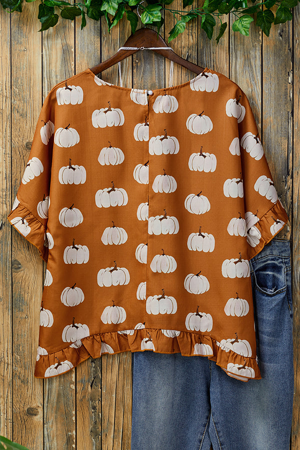 Loose Pumpkin Print Ruffled Pleated Top