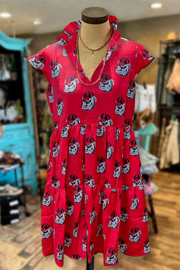 V-neck Ruffles Pleated Bulldog Print Dress