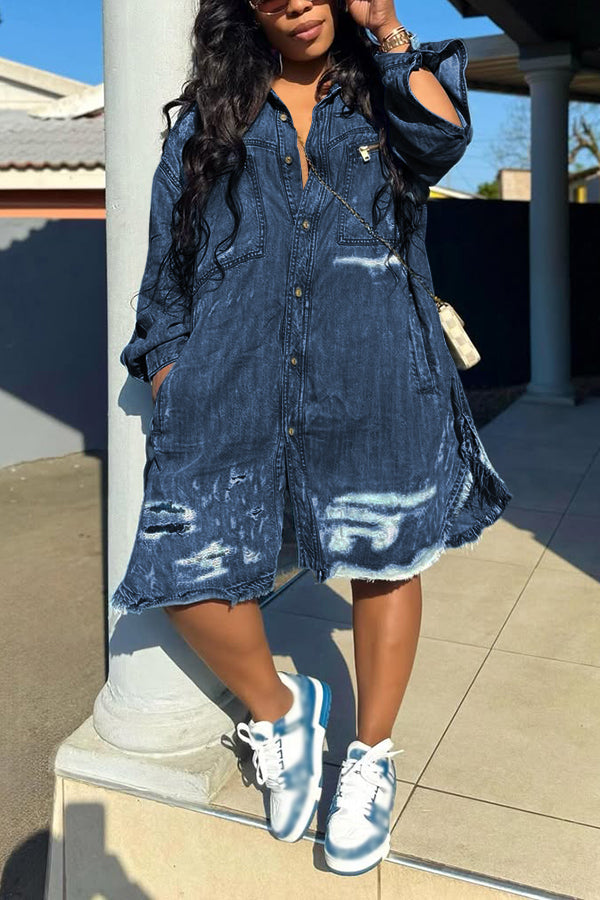 Street Style Single Breasted Raw Edge Denim Romper