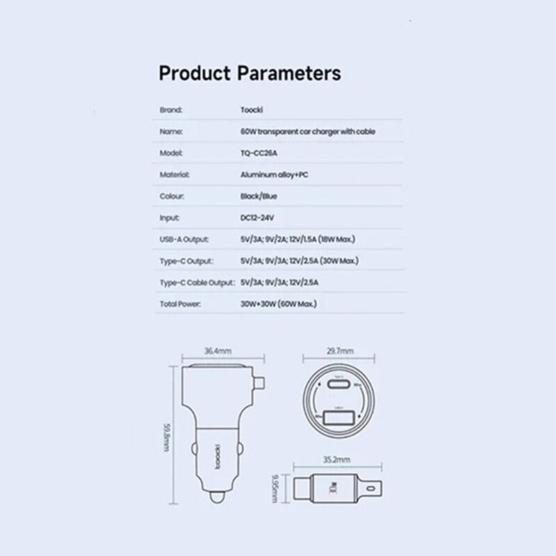 60W Dual Port Belt Type-C Line Transparent Car Charger Comes with 1m Type-C Data Wire PD3.0 QC3.0 Fast Charging For IPhone Samsung Huawei Xiaomi Mobil