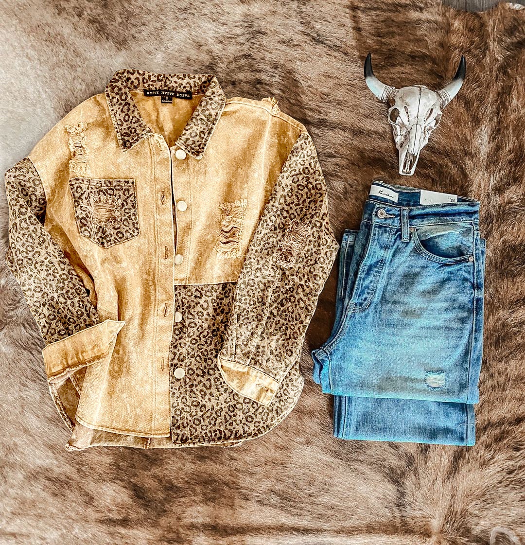 Leopard Print Panelled Ripped Denim Jacket