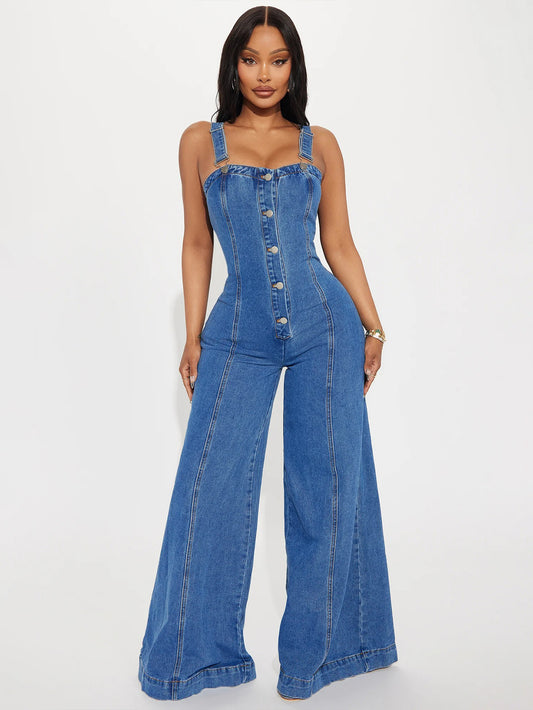 Classic Single Breasted Denim Jumpsuits