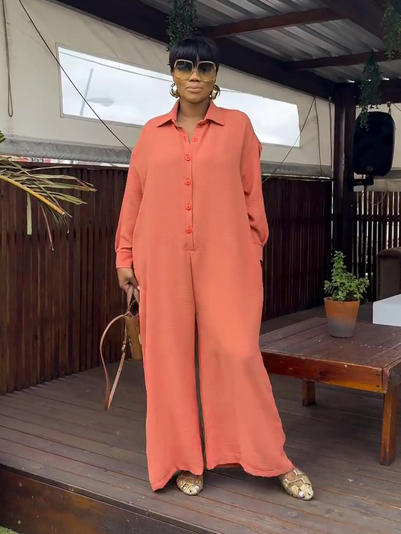 Retro Single Breasted Wide Leg Jumpsuit