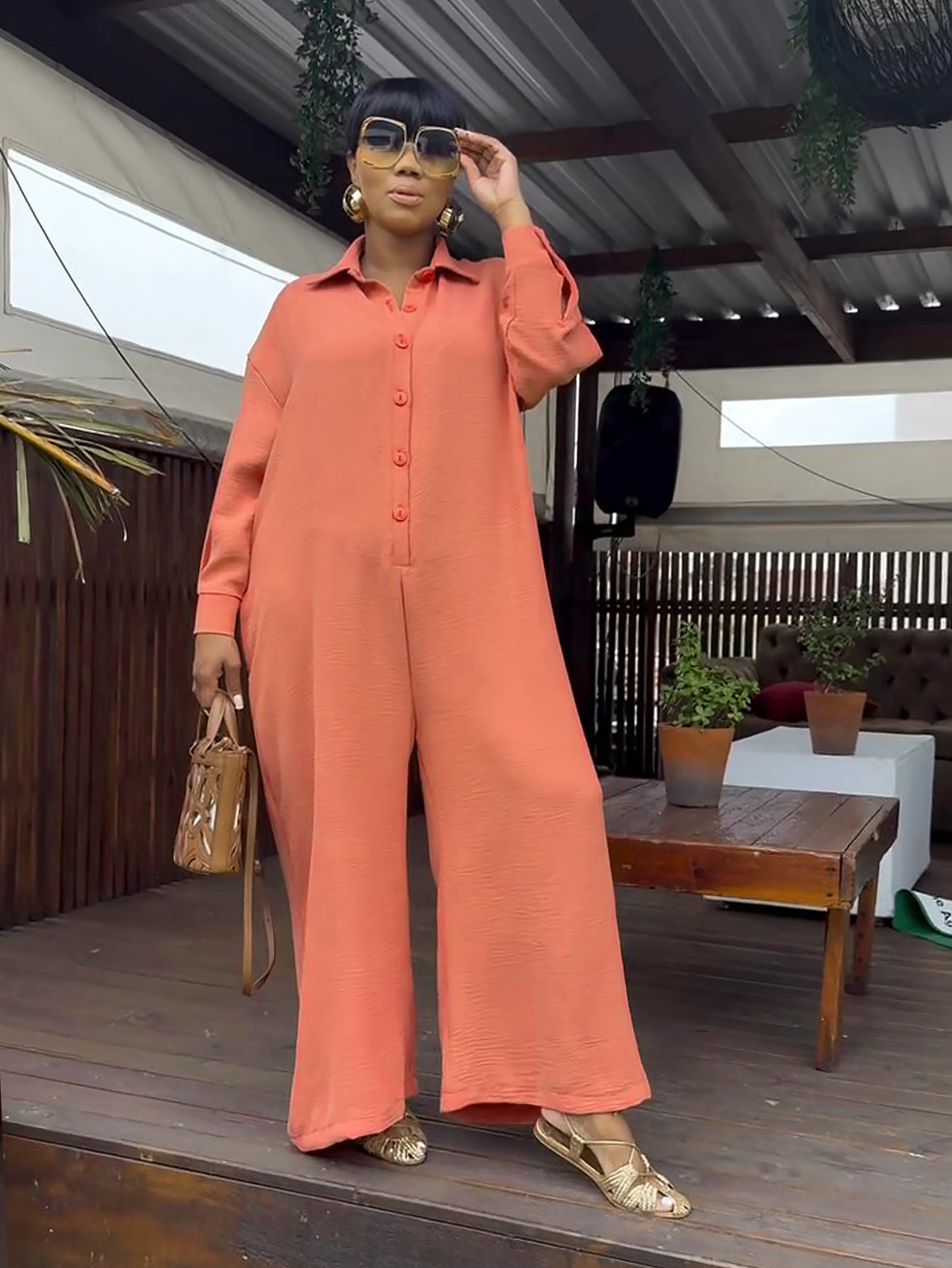 Retro Single Breasted Wide Leg Jumpsuit