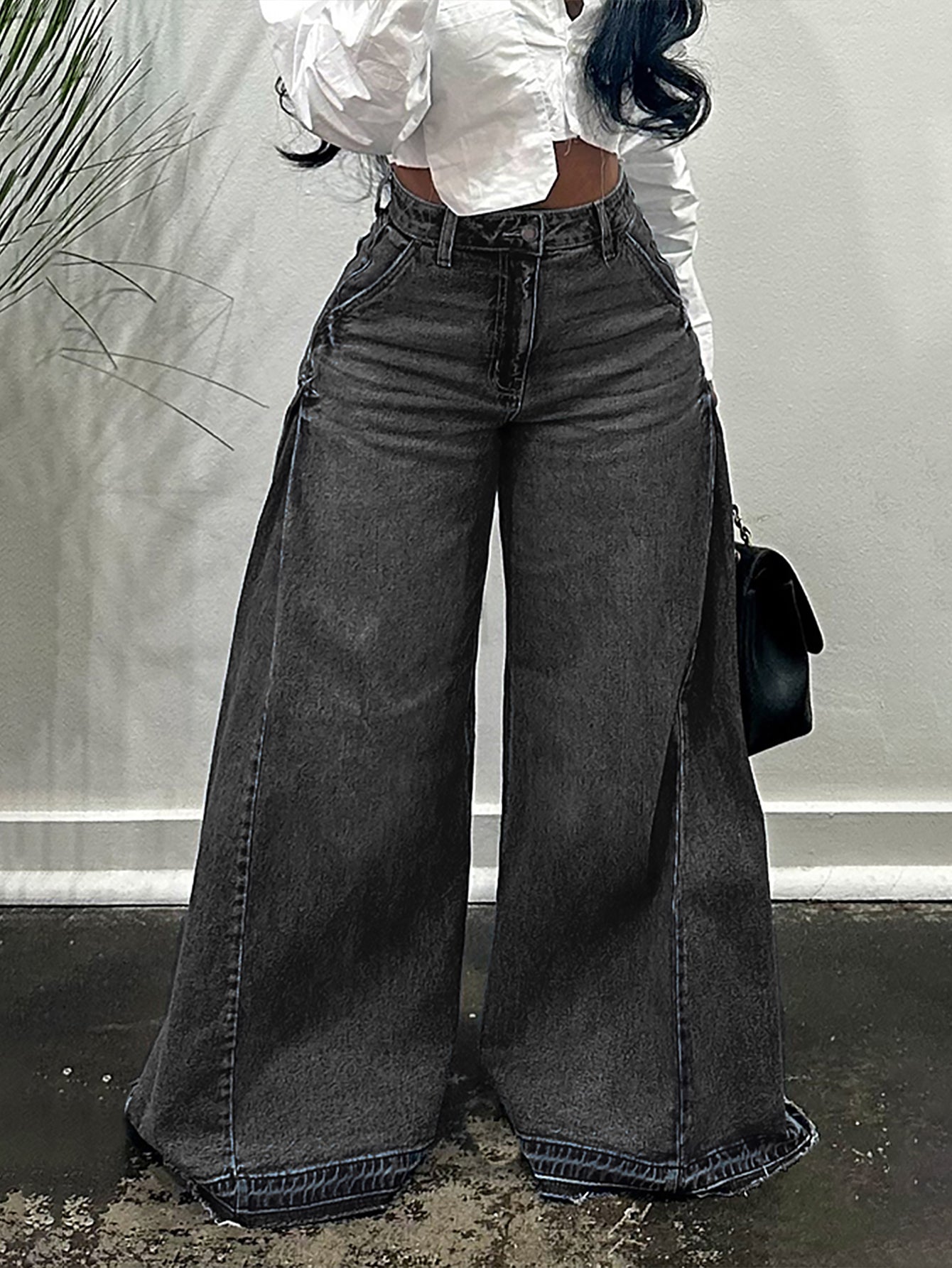 Casual Solid High Waist Wide-Leg Jeans
