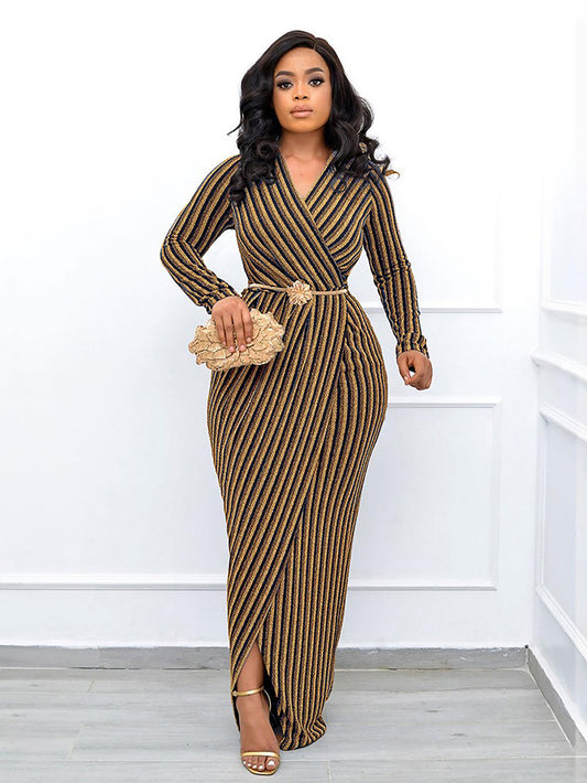 Elegant Striped Surplice Neck Dress