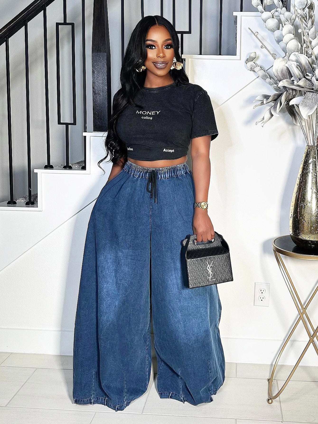 Chic Retro Drawstring Waist Wide Leg Pants