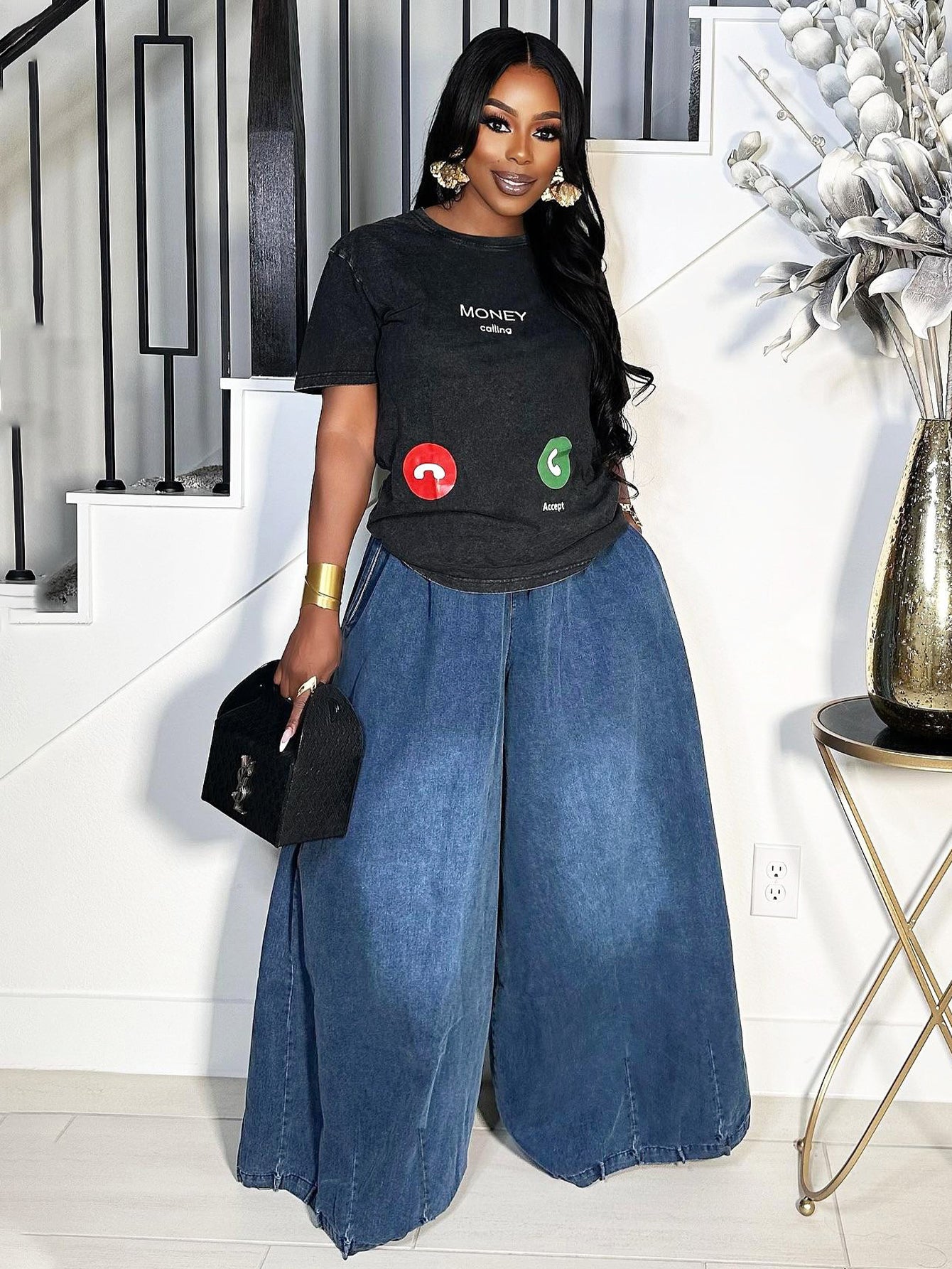 Chic Retro Drawstring Waist Wide Leg Pants