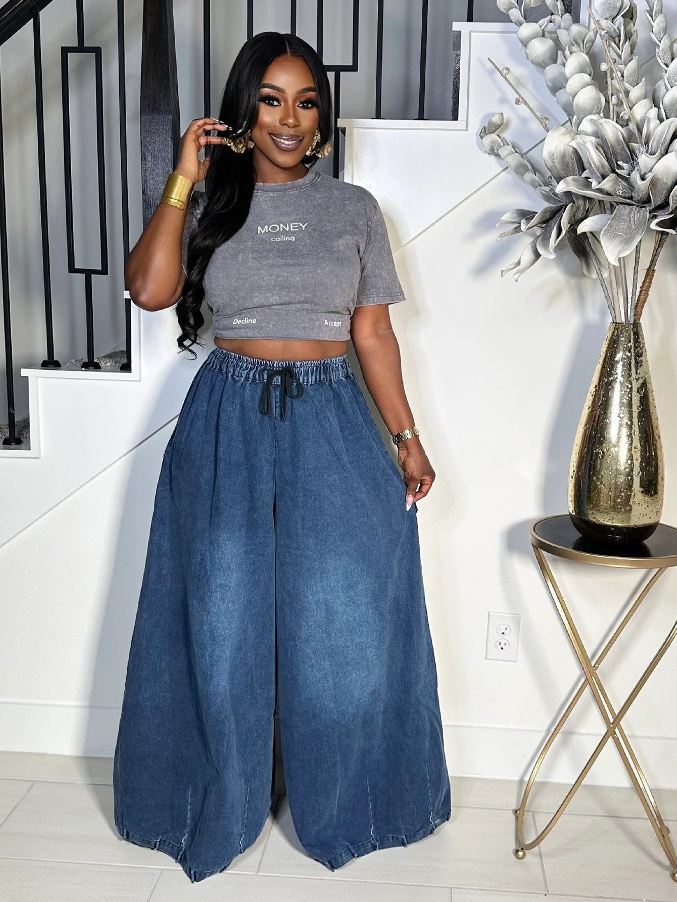 Chic Retro Drawstring Waist Wide Leg Pants