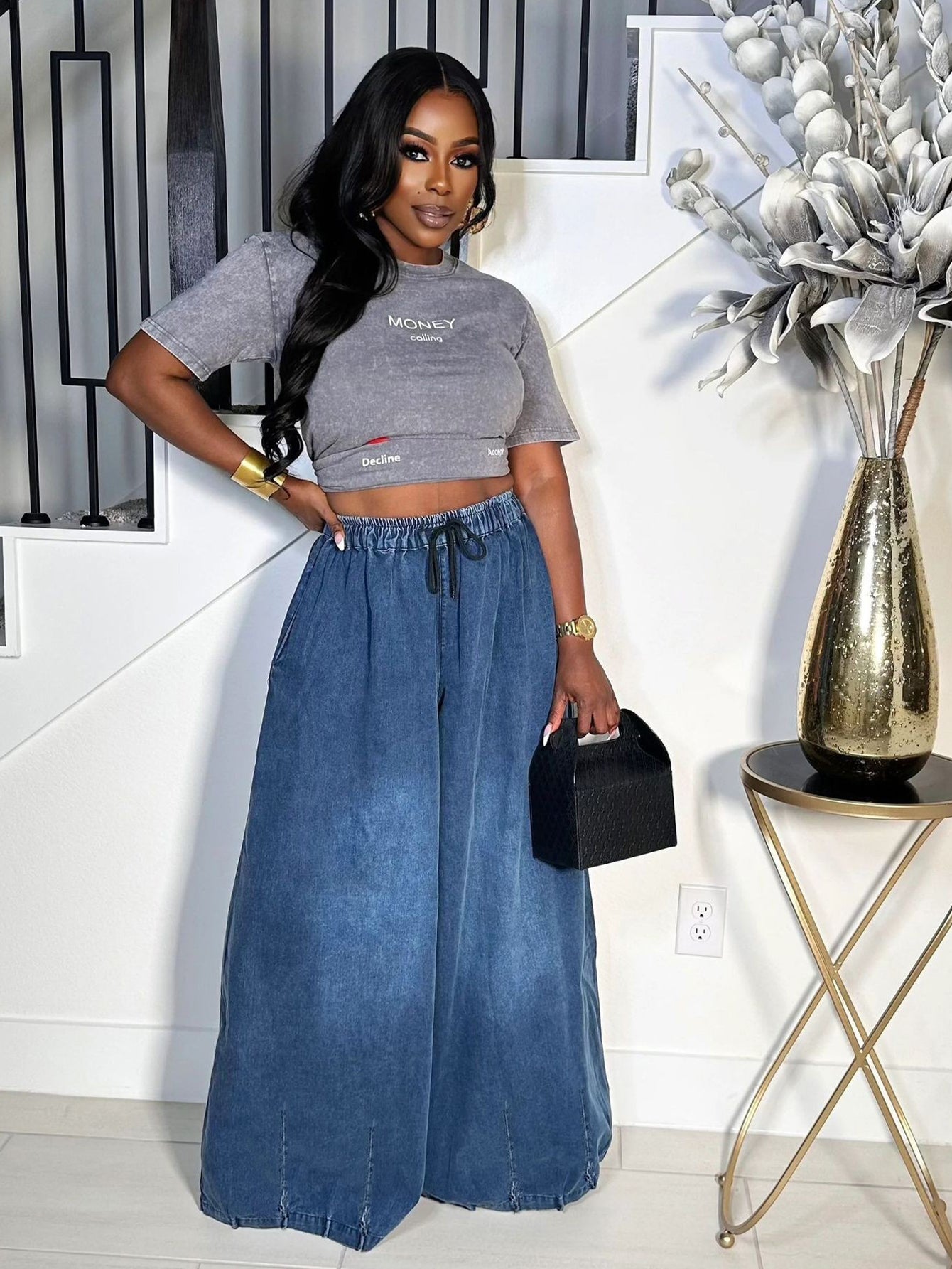 Chic Retro Drawstring Waist Wide Leg Pants