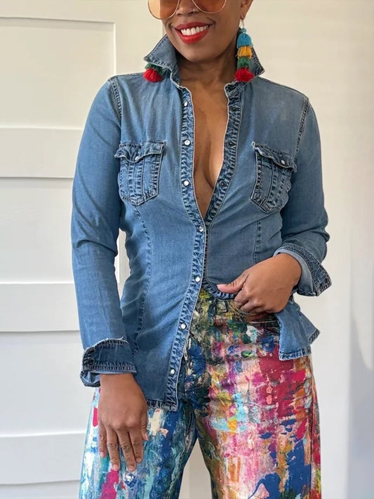 Casual Double Pocket Washed Denim Shirt