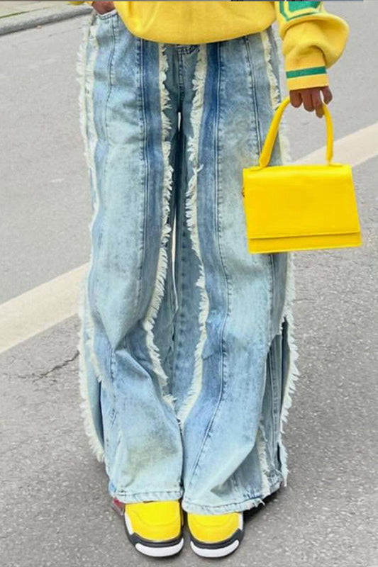 Fashion Raw Trim Straight Leg Denim Pants