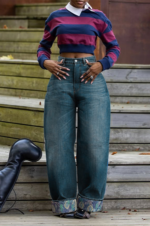 Fashion Floral Print Crimping Straight Leg Jeans