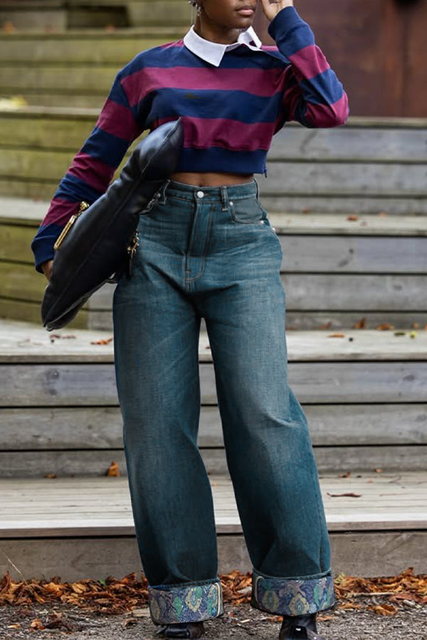 Fashion Floral Print Crimping Straight Leg Jeans