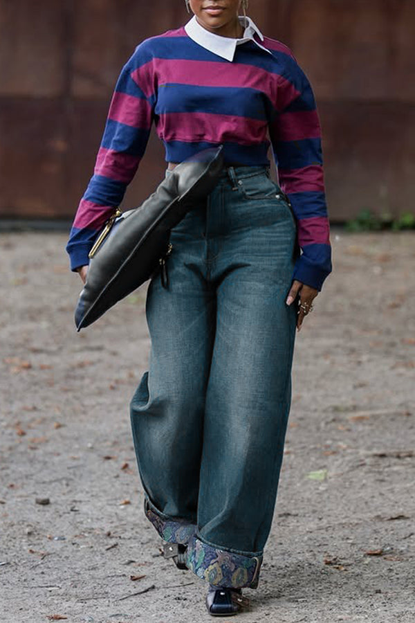 Fashion Floral Print Crimping Straight Leg Jeans