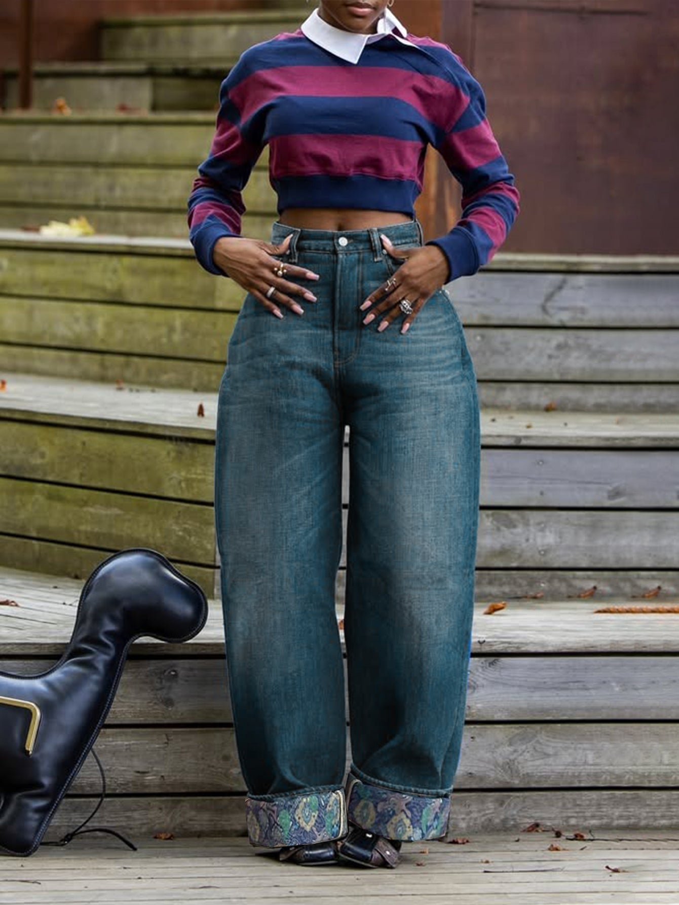 Fashion Floral Print Crimping Straight Leg Jeans