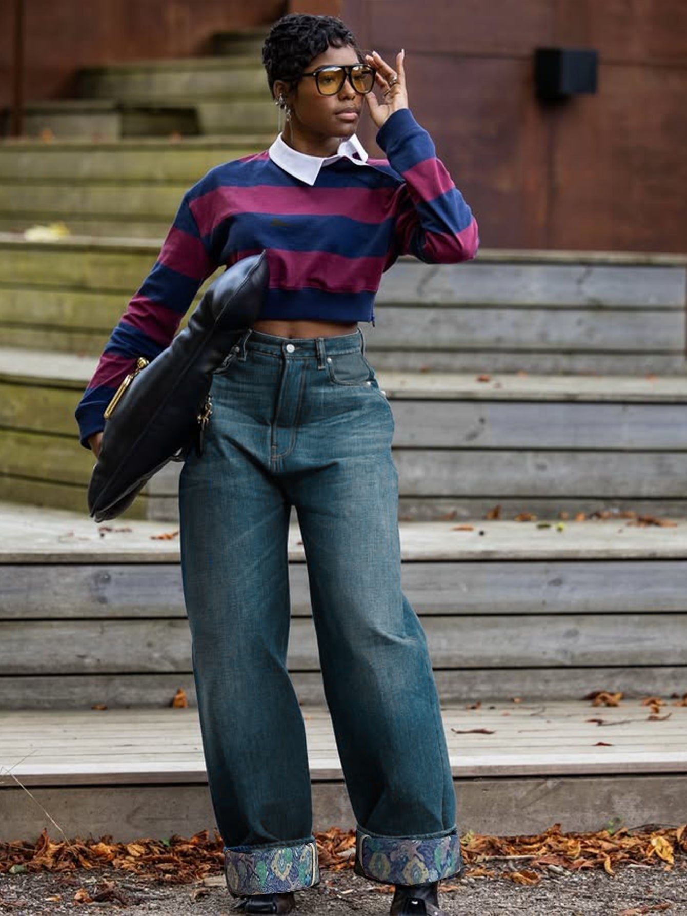 Fashion Floral Print Crimping Straight Leg Jeans