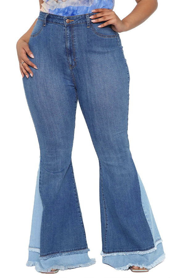 Retro Patchwork Raw Trim Flare Leg Pants 