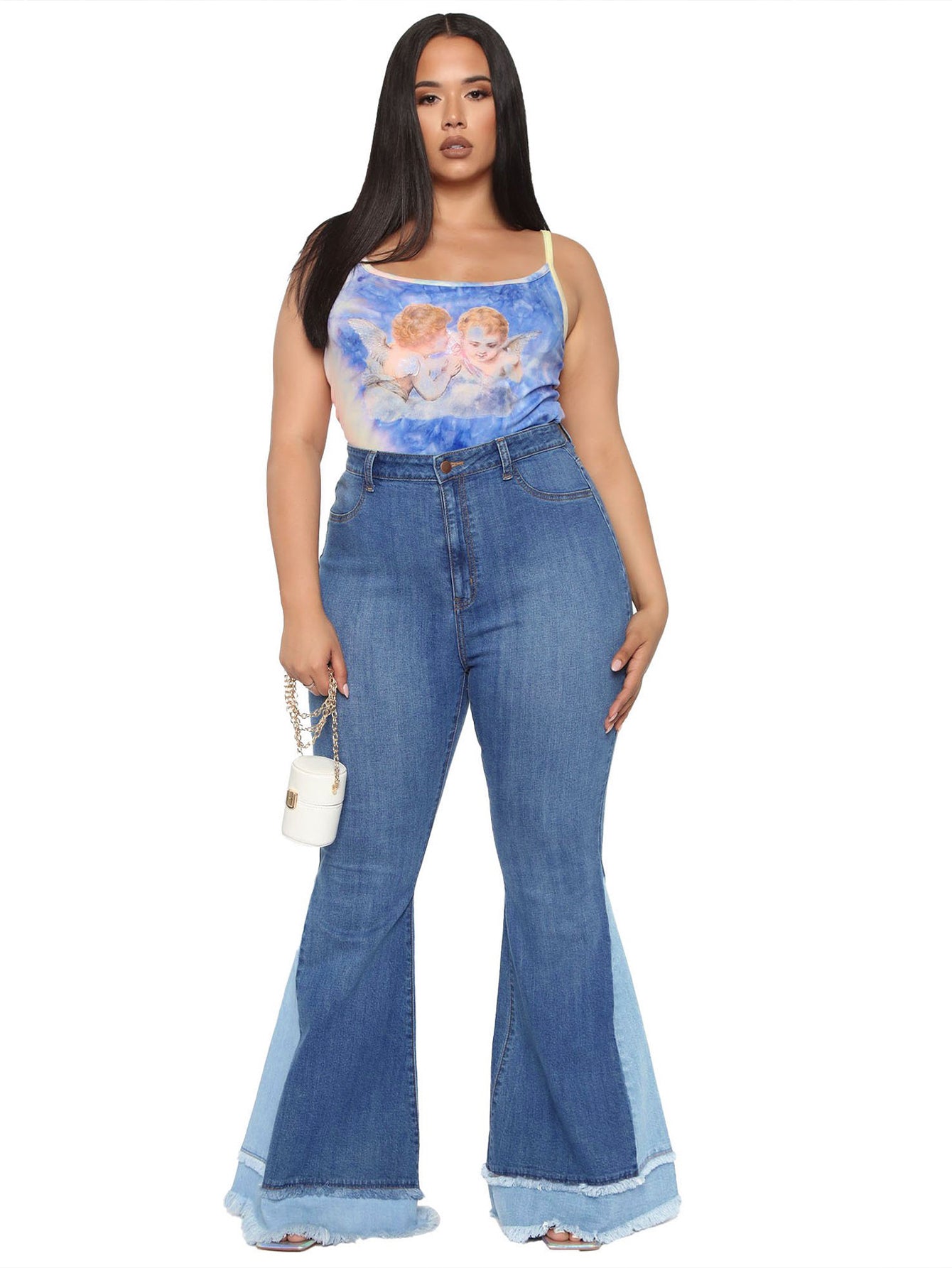 Retro Patchwork Raw Trim Flare Leg Pants