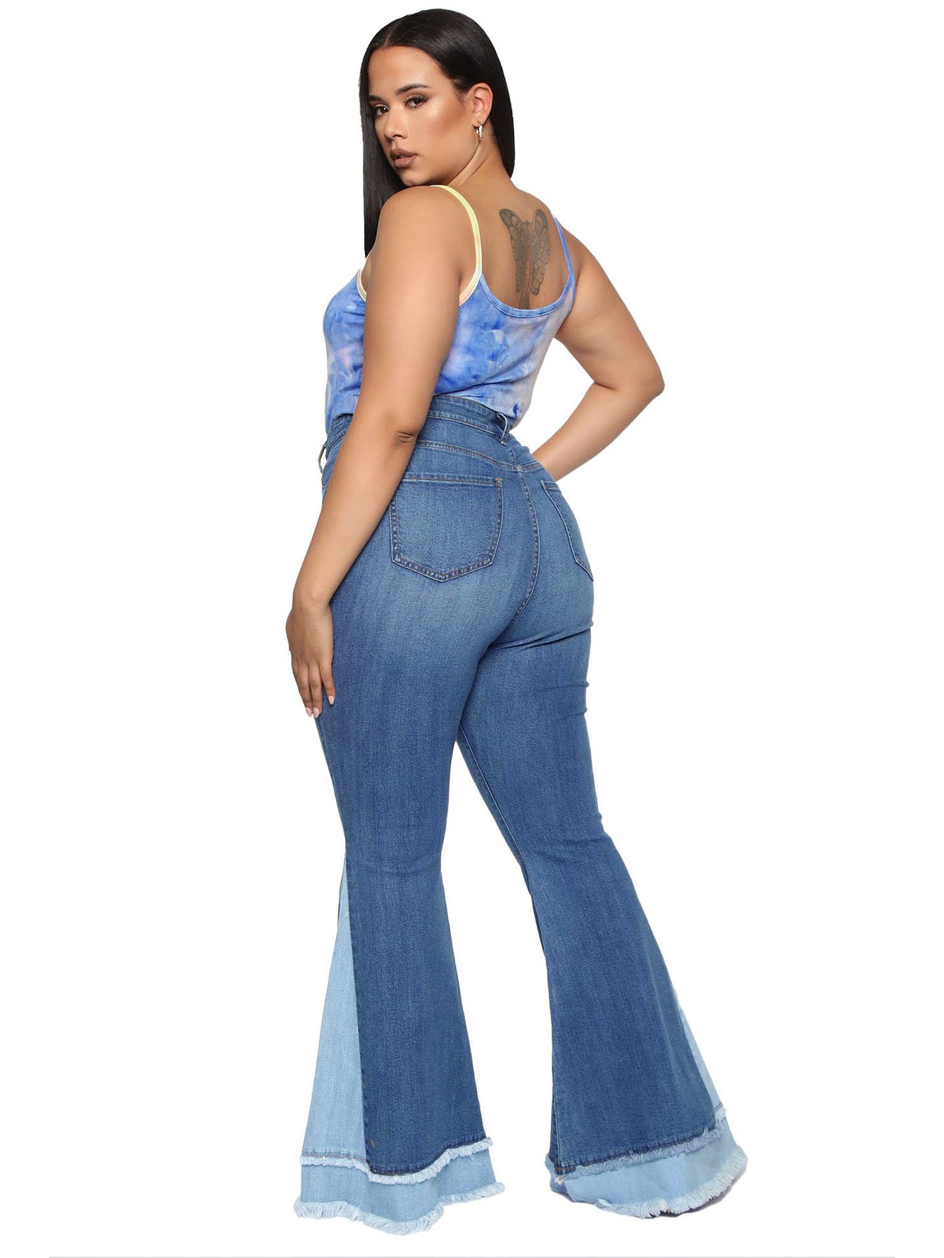 Retro Patchwork Raw Trim Flare Leg Pants