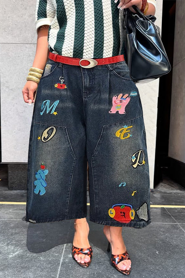 Fashion Cartoon Graphic Ripped Wide Leg Jeans
