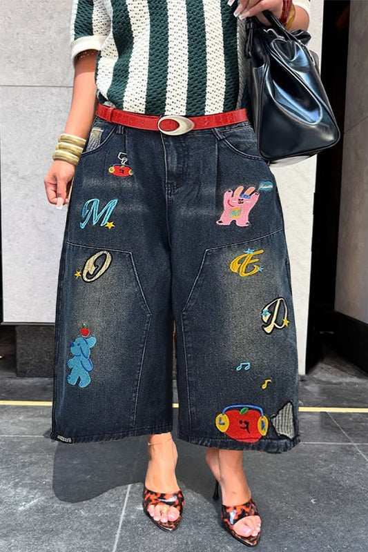Fashion Cartoon Graphic Ripped Wide Leg Jeans