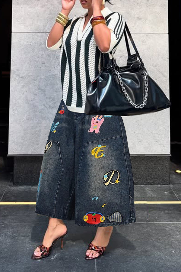 Fashion Cartoon Graphic Ripped Wide Leg Jeans