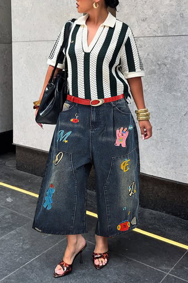 Fashion Cartoon Graphic Ripped Wide Leg Jeans
