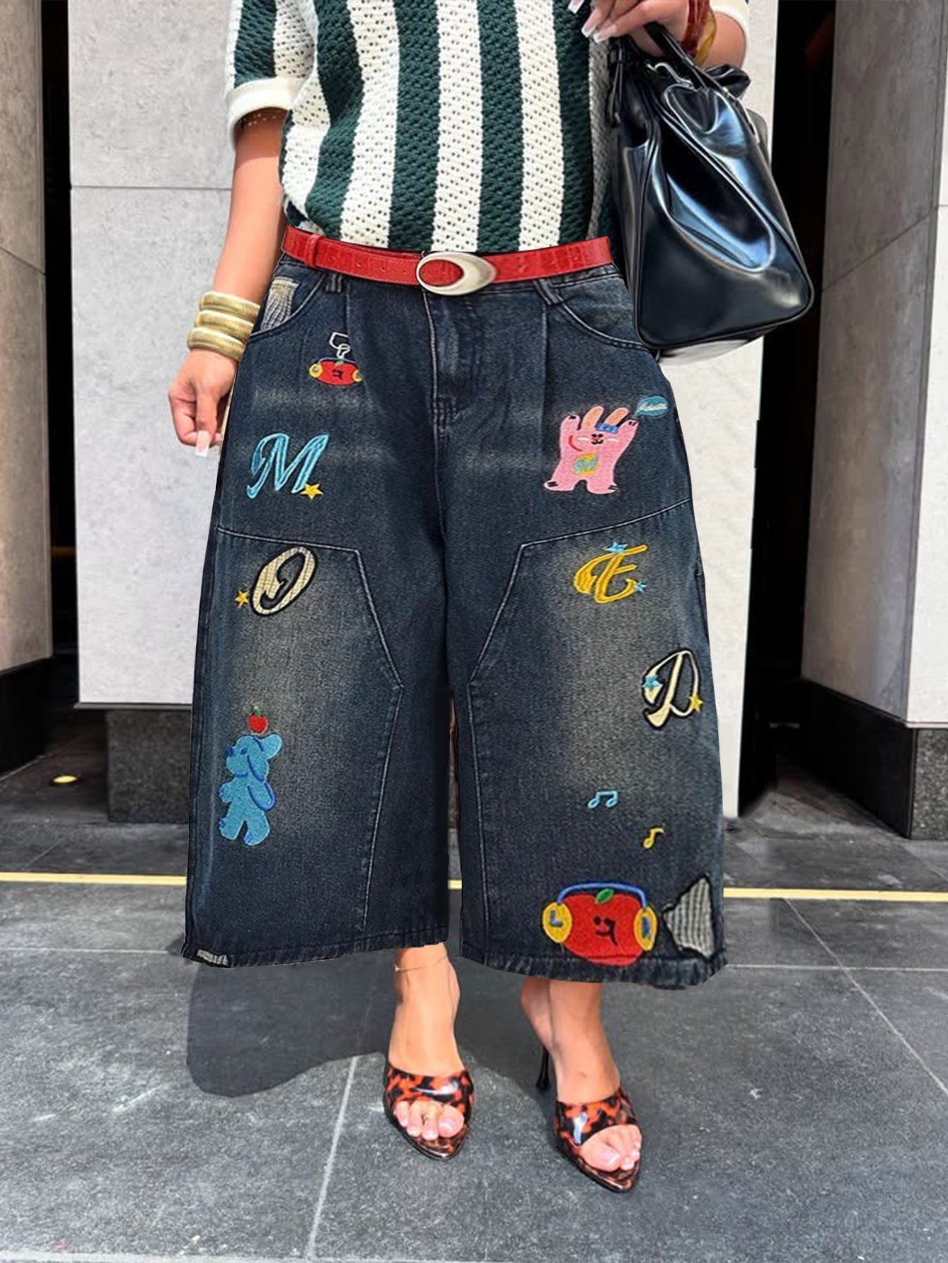 Fashion Cartoon Graphic Ripped Wide Leg Jeans