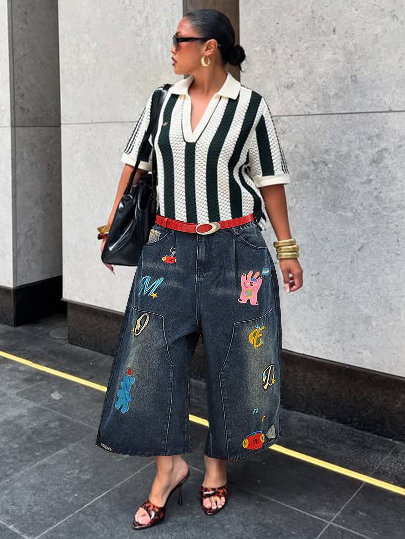 Fashion Cartoon Graphic Ripped Wide Leg Jeans