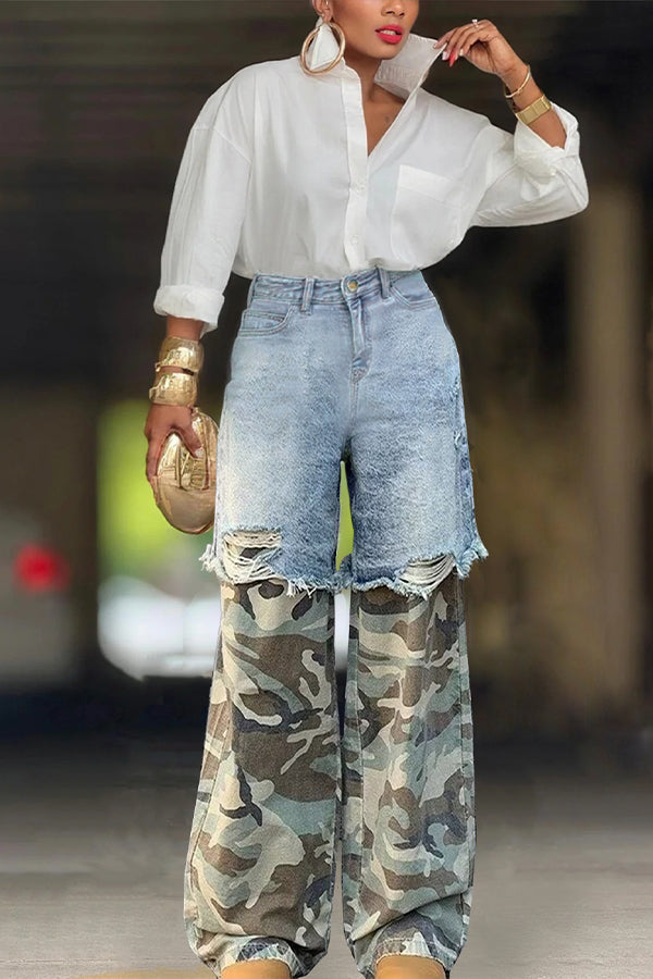 Fashion Contrast Camo Print Jeans