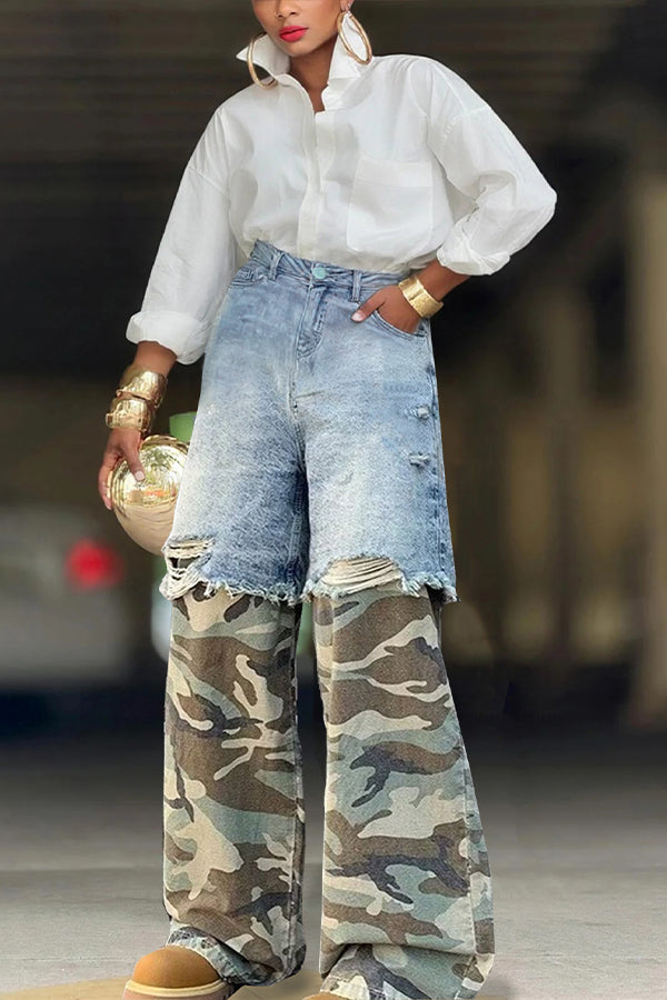 Fashion Contrast Camo Print Jeans