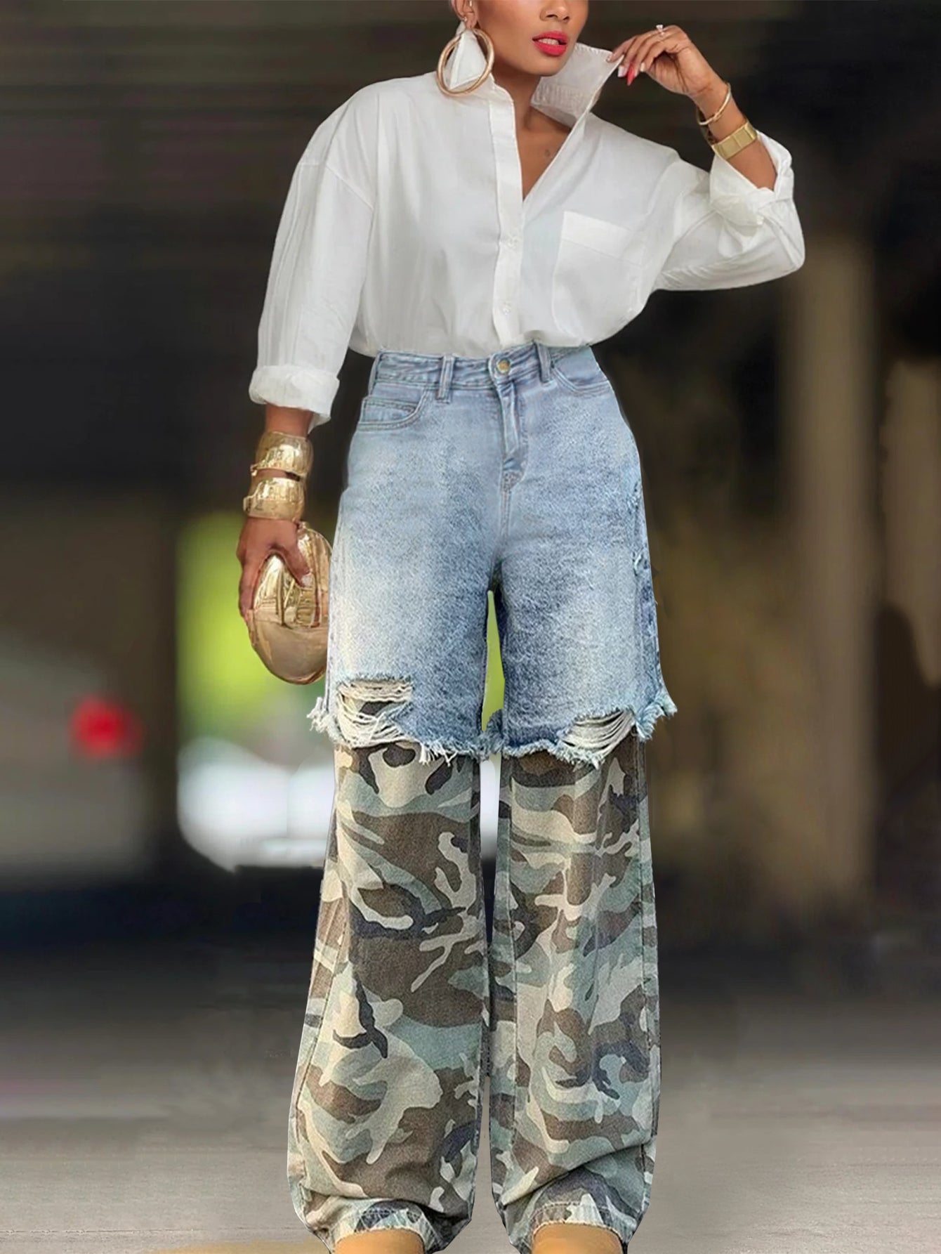 Fashion Contrast Camo Print Jeans