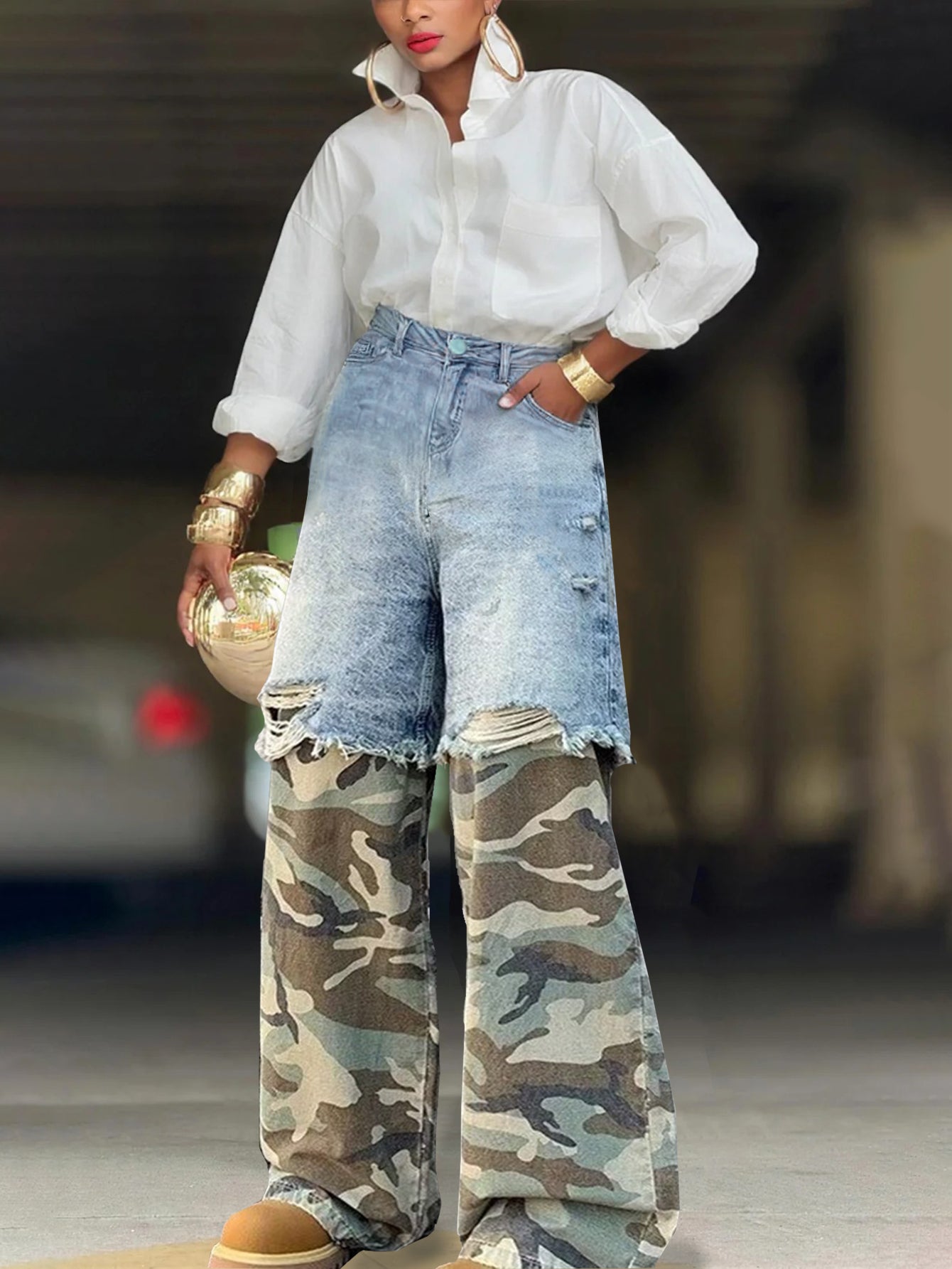 Fashion Contrast Camo Print Jeans