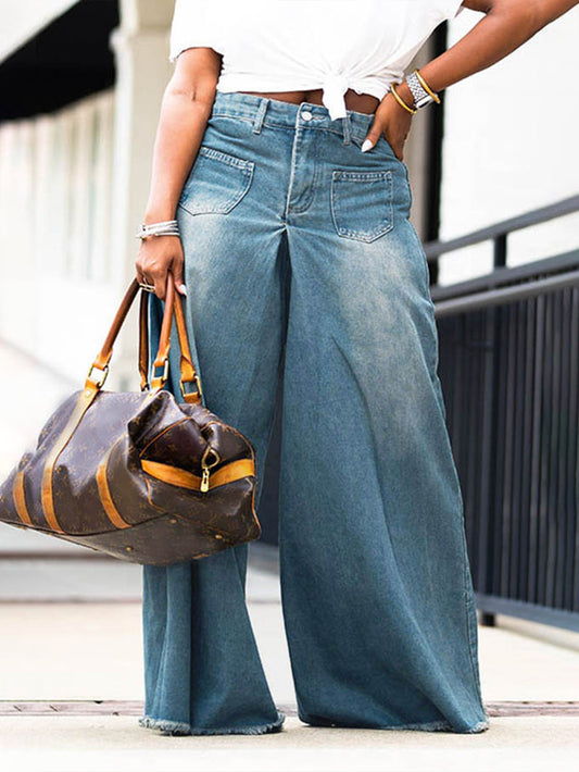 Chic Medium Wash Raw Trim Wide Leg Jeans
