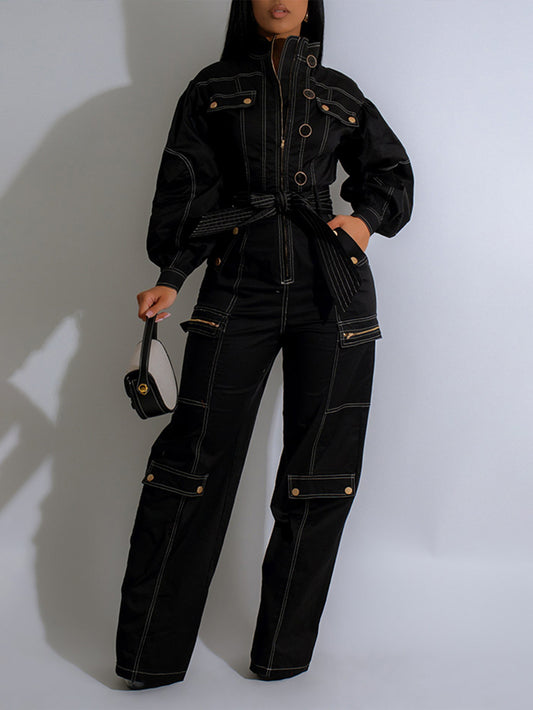 Chic Lantern Sleeve Front Zip Belted Cargo Jumpsuit