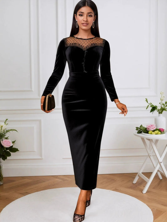 Elegant Velvet Contrast Lace Midi Dress