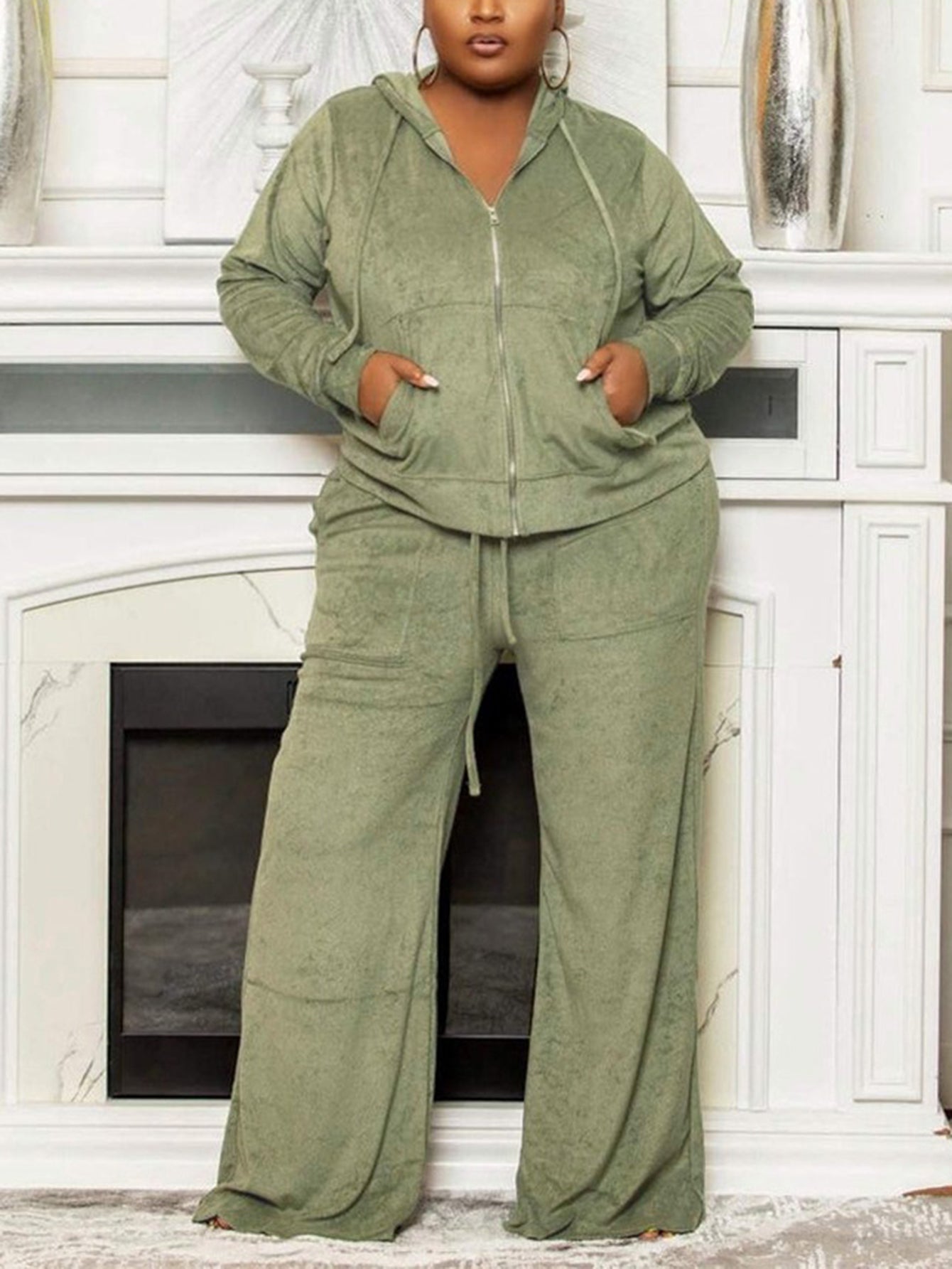 Casual Zip Front Hoodie & Pants Set