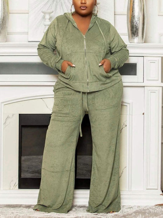 Casual Zip Front Hoodie & Pants Set