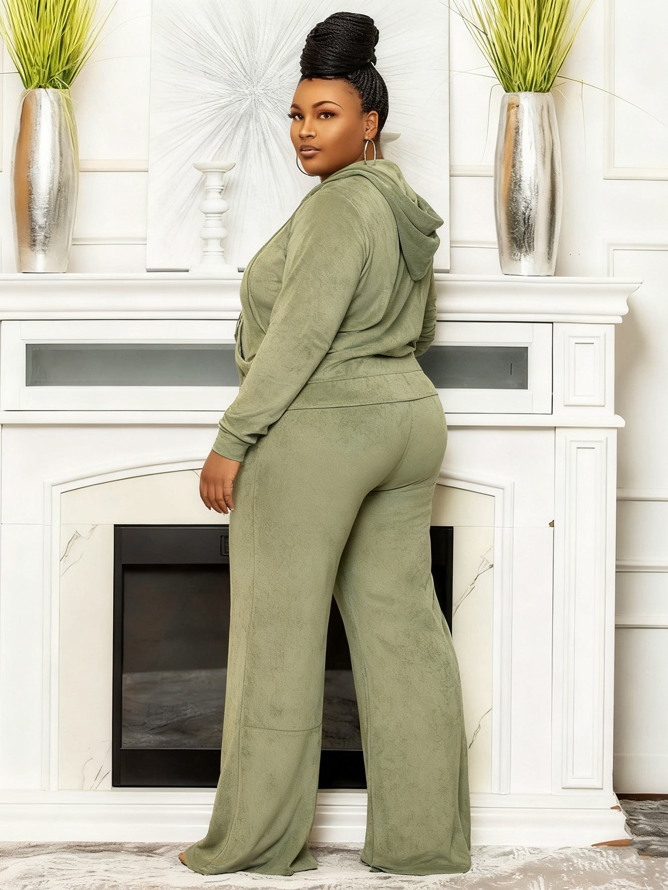 Casual Zip Front Hoodie & Pants Set