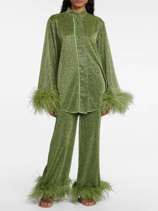 Fashion Fuzzy Trim Top & Pants Set