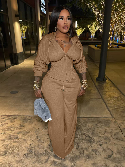 Fashion Zip Front Hoodie & Straight Leg Pants Set