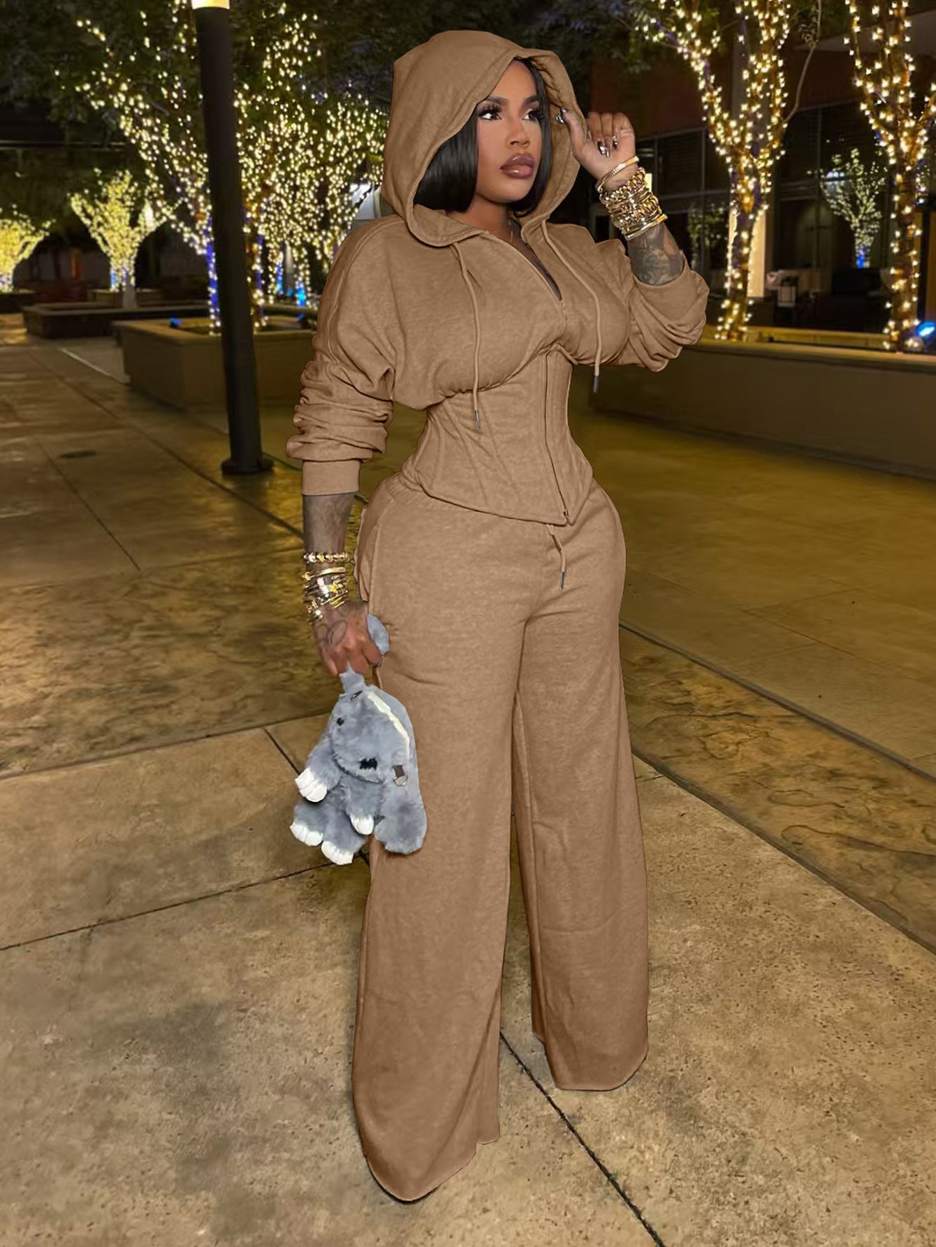 Fashion Zip Front Hoodie & Straight Leg Pants Set