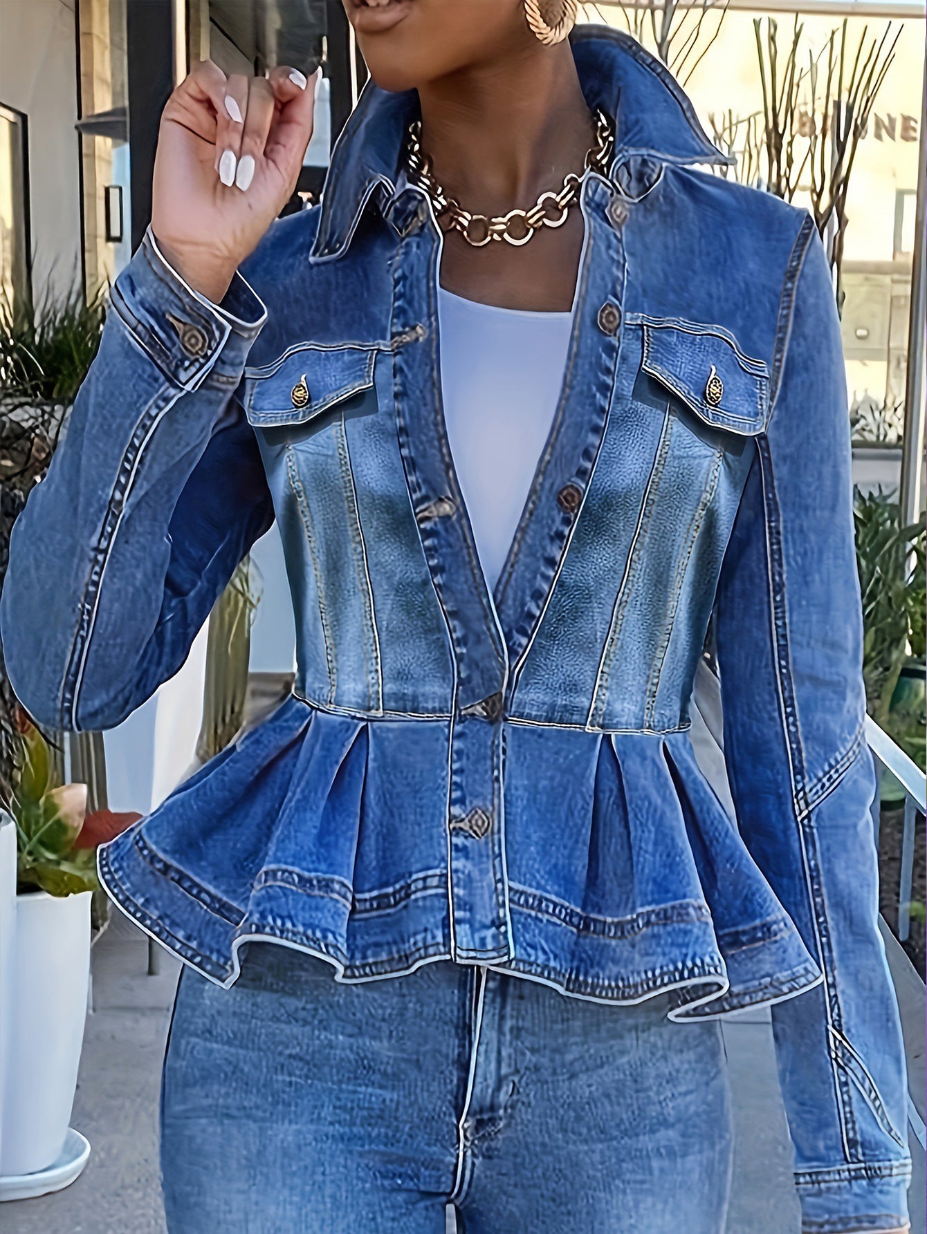 Stylish Ruffle Hem Single Breasted Denim Top