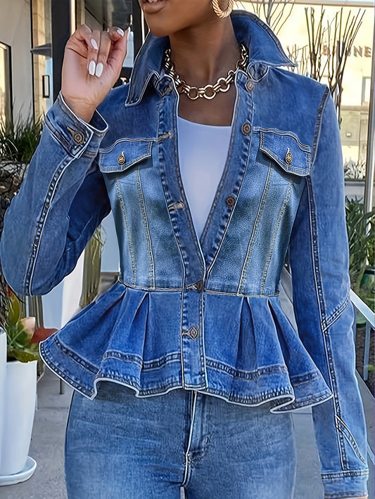 Stylish Ruffle Hem Single Breasted Denim Top