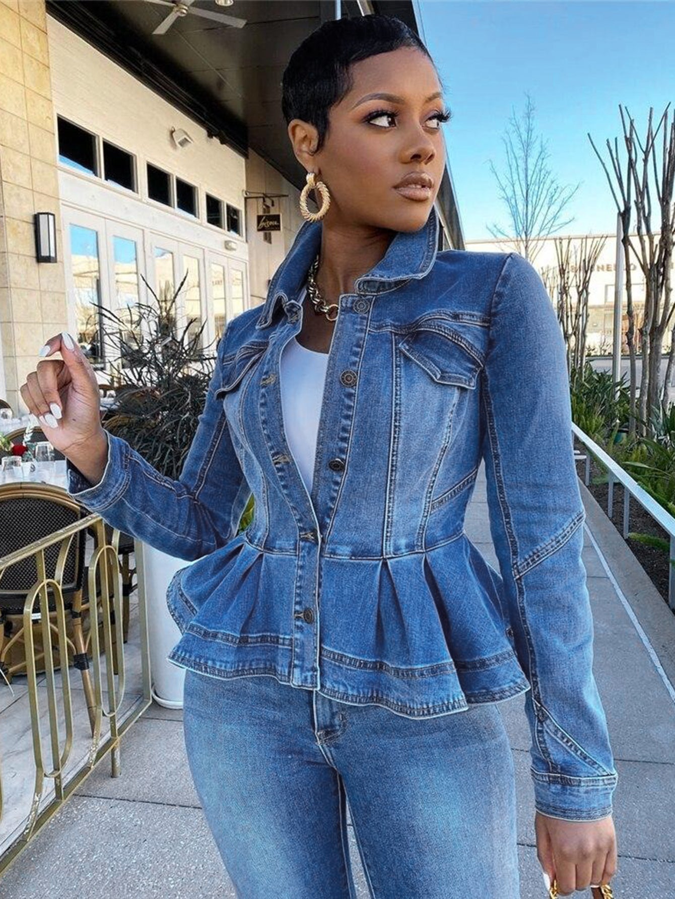 Stylish Ruffle Hem Single Breasted Denim Top